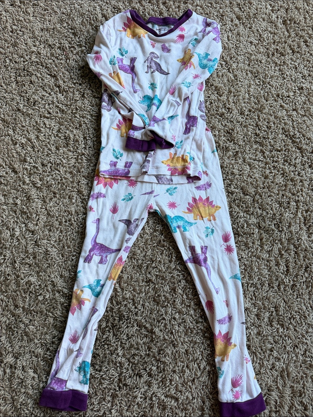 Kids White Dinosaur Print Leggings with Purple Trim